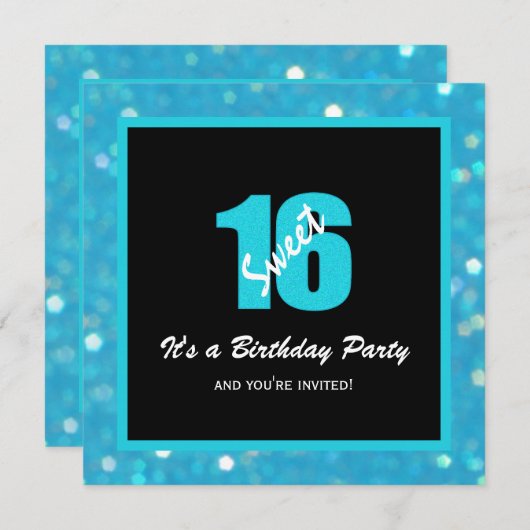 Glitzy Blue Black Sweet 16 Party-uitnodigingen Kaart (Voorkant / Achterkant)