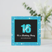 Glitzy Blue Black Sweet 16 Party-uitnodigingen Kaart (Staand voorkant)