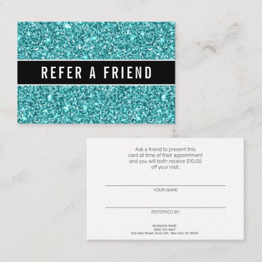 Glitzy Blue Glitter Salon Referral Klant Visitekaartje (Voorkant / Achterkant)