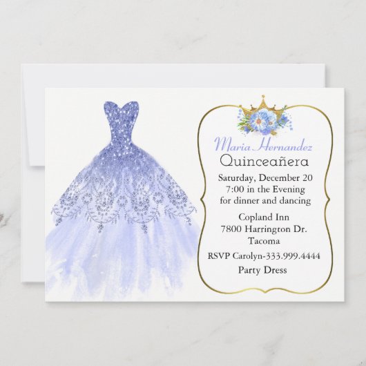 Glitzy Blue Gown Quinceañera Uitnodiging (Voorkant)