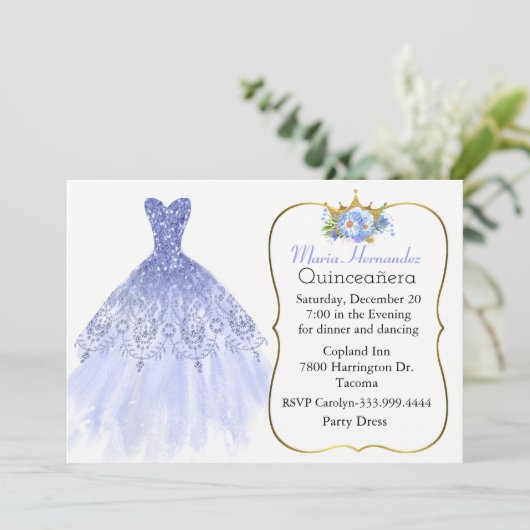 Glitzy Blue Gown Quinceañera Uitnodiging (Staand voorkant)