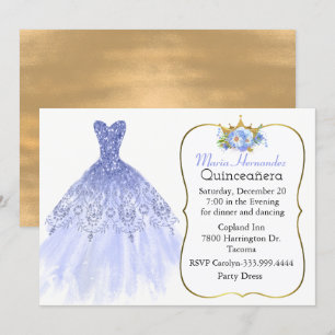 Glitzy Blue Gown Quinceañera Uitnodiging