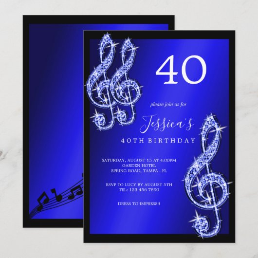 Glitzy Blue Muzieknoten Verjaardag Kaart (Voorkant / Achterkant)