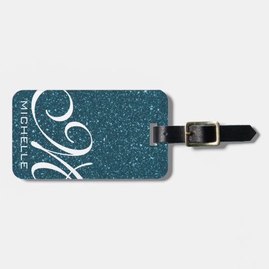 Glitzy Blue Script Monogramed Bagagelabel (Voorkant horizontaal)
