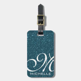 Glitzy Blue Script Monogramed Bagagelabel