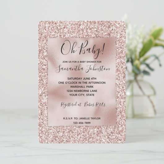 Glitzy Blush Pink Glitter Baby shower Kaart (Staand voorkant)