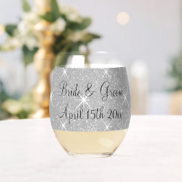 Glitzy bruiloft sparkly zilveren glitter custom wijnglas zonder voet