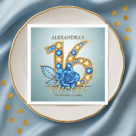 Glitzy Chic Blue Rose Gold Gemstone Sweet 16 Servet