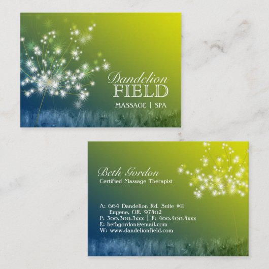 Glitzy Dandelions Massage | kuuroord Visitekaartje (Voorkant / Achterkant)