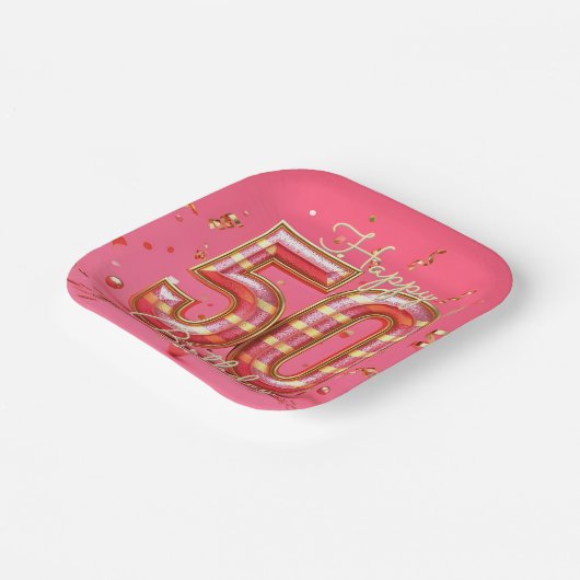 Glitzy Elegant Gestreept Roze & Goud 50ste Verjaar Papieren Bordje (Gebogen)