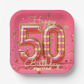 Glitzy Elegant Gestreept Roze & Goud 50ste Verjaar Papieren Bordje (Voorkant)