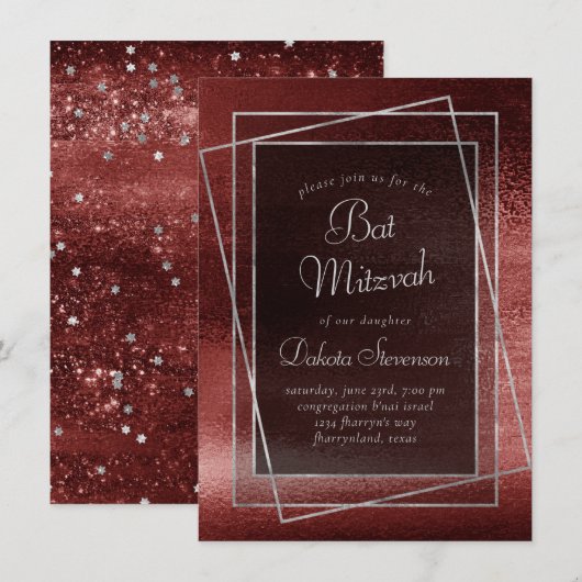 Glitzy Folie | Henna Crimson Red Bar of Bat Mitzva Kaart (Voorkant / Achterkant)
