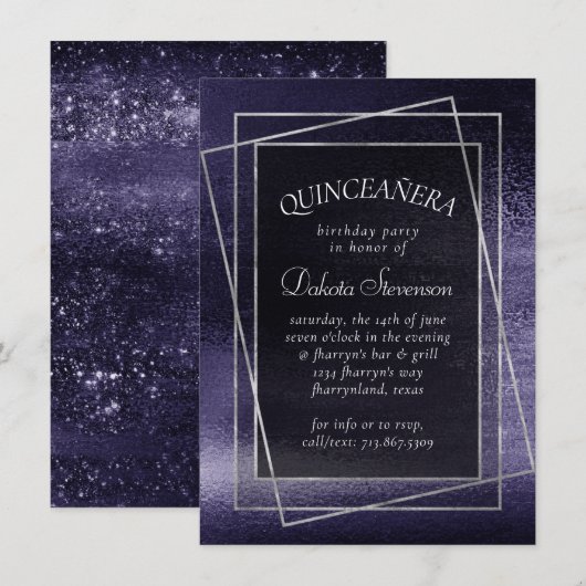 Glitzy Folie | Indigo Midnight Paarse Quinceanera Kaart (Voorkant / Achterkant)