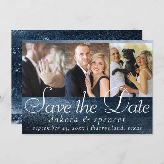 Glitzy Folie | Navy Blue Dark Faux Glitter 3 Foto Save The Date (Voorkant / Achterkant)