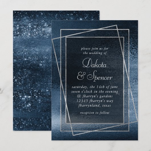 Glitzy Folie | Navy Blue Faux Glam Metallic Weddin Kaart (Voorkant / Achterkant)