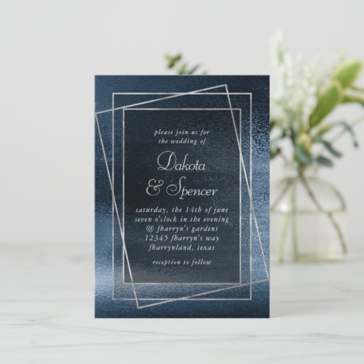Glitzy Folie | Navy Blue Faux Glam Metallic Weddin Kaart (Staand voorkant)