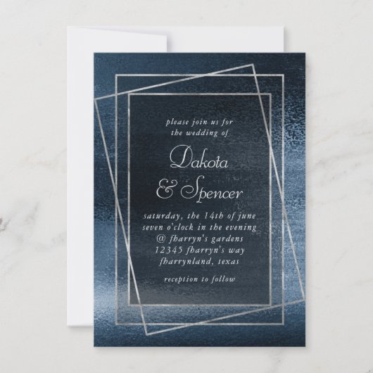 Glitzy Folie | Navy Blue Faux Glam Metallic Weddin Kaart (Voorkant)