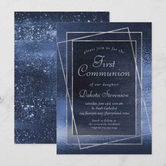 Glitzy Folie | Navy Blue Glitter Eerste Communie Kaart (Voorkant / Achterkant)