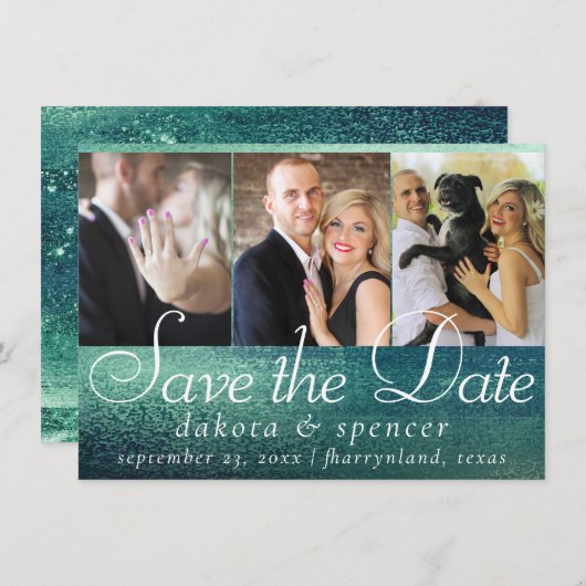 Glitzy Folie | Seafoam Green Aqua Sparkle 3 Foto Save The Date (Voorkant / Achterkant)