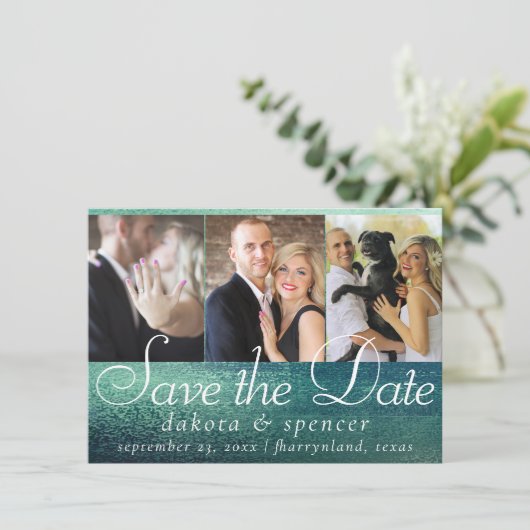 Glitzy Folie | Seafoam Green Aqua Sparkle 3 Foto Save The Date (Staand voorkant)