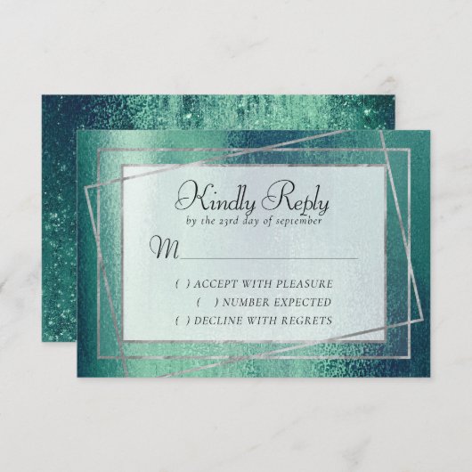 Glitzy Folie | Zeeschuim Green Faux Metallic Spark RSVP Kaartje (Voorkant / Achterkant)
