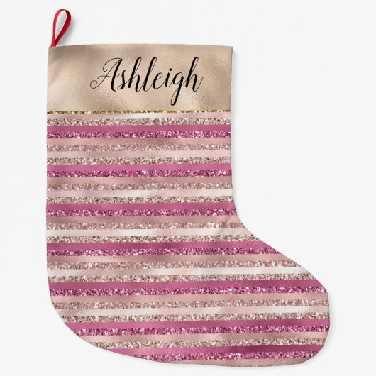 Glitzy Glam Girly Blush Pink Gold Glitter Stripes Grote Kerstsok (Voorkant)