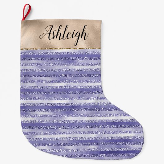 Glitzy Glam Girly Paarse Gouden Glitter Stripes Grote Kerstsok (Voorkant)