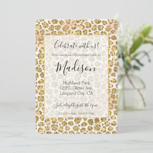 Glitzy Glam Gold Blush Glitter Leopard Print Kaart (Staand voorkant)