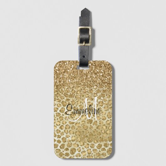 Glitzy Glam Gold Glitter Leopard Print Monogram Bagagelabel (Voorkant (verticaal))