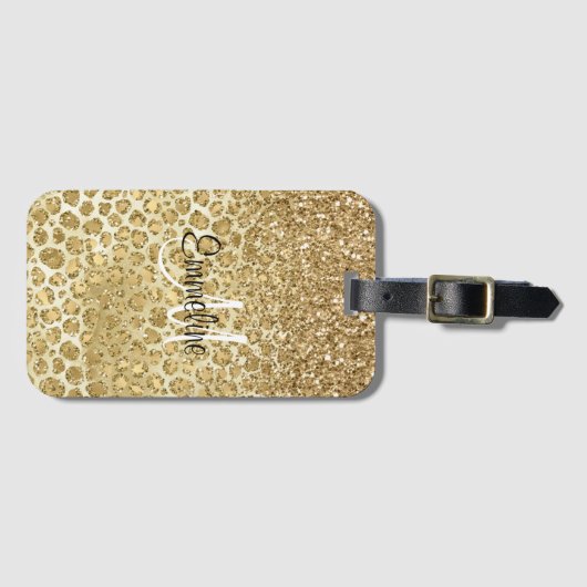 Glitzy Glam Gold Glitter Leopard Print Monogram Bagagelabel (Voorkant (horizontaal))