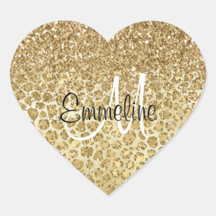 Glitzy Glam Gold Glitter Leopard Print Monogram Hart Sticker
