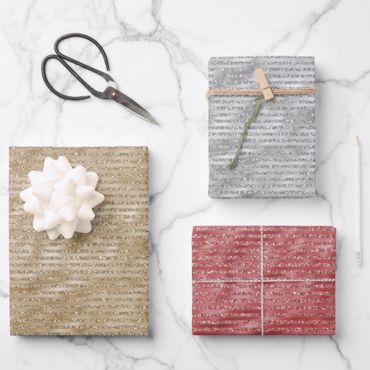 Glitzy Glam Gold Glitter Stripes Inpakpapier Vel (Voorkant)