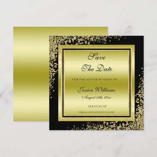 Glitzy Gold Confetti Decorations Birthday Save The Date (Voorkant / Achterkant)