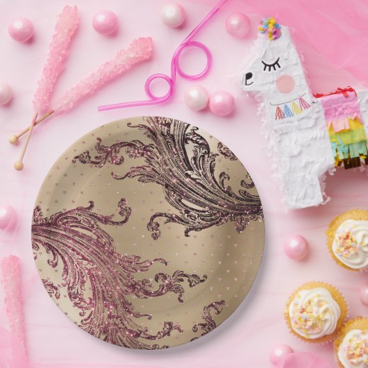 Glitzy Gold Glam Burgundy Hearts Vrijgezellenfeest Papieren Bordje (Feest)