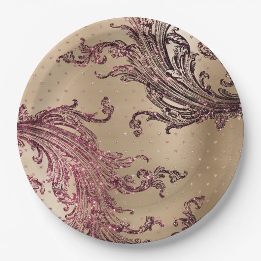 Glitzy Gold Glam Burgundy Hearts Vrijgezellenfeest Papieren Bordje (Voorkant)