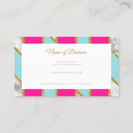Glitzy Gold Glitter Roze Blauw Strepen en Marmer Visitekaartje (Achterkant)