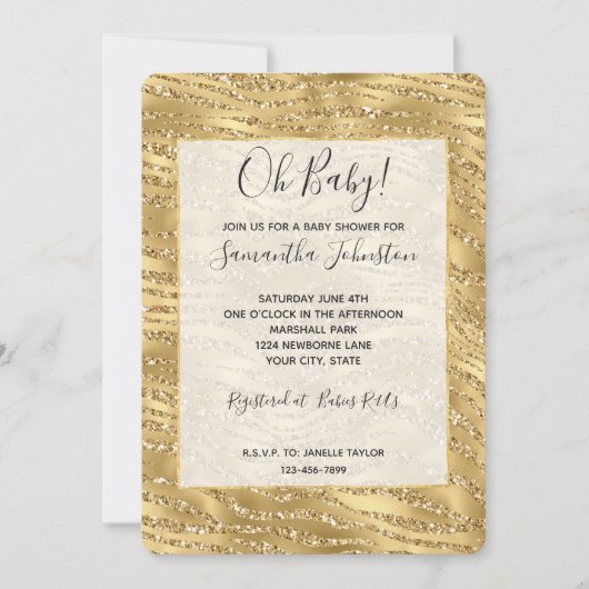 Glitzy Gold Glitter Zebra Baby shower Kaart (Voorkant)
