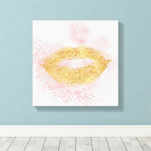 Glitzy Gold Lips Roze Confetti Kus Canvas Afdruk (Insitu (Houten vloer))