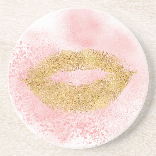 Glitzy Gold Lips Roze Confetti Kus Zandsteen Onderzetter (Voorkant)