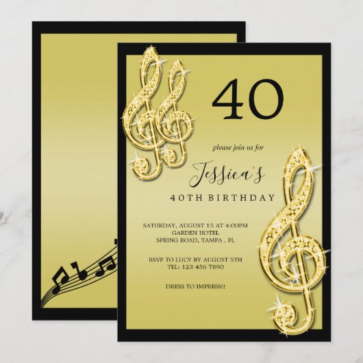 Glitzy Gold Muzieknoten Verjaardag Kaart (Voorkant / Achterkant)