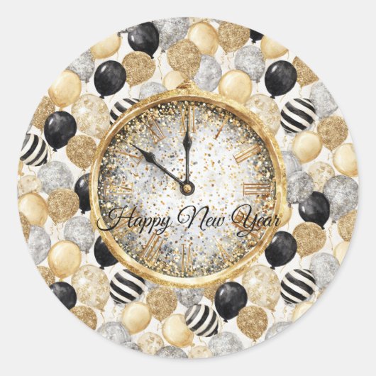 Glitzy Gold Silver Black New Year's Balloons Ronde Sticker (Voorkant)