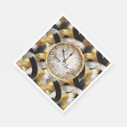 Glitzy Gold Silver Black New Year's Clock Servet (Hoek)