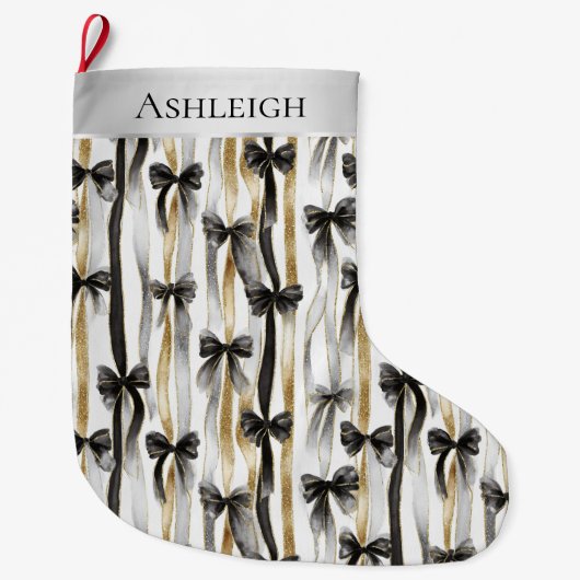 Glitzy Gold Silver Black Ribbons Bows Christmas Grote Kerstsok (Voorkant)