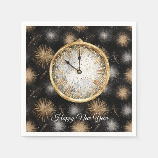 Glitzy Gold Silver Fireworks New Year's Clock Servet (Voorkant)