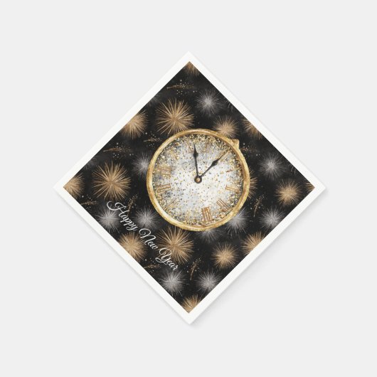 Glitzy Gold Silver Fireworks New Year's Clock Servet (Hoek)