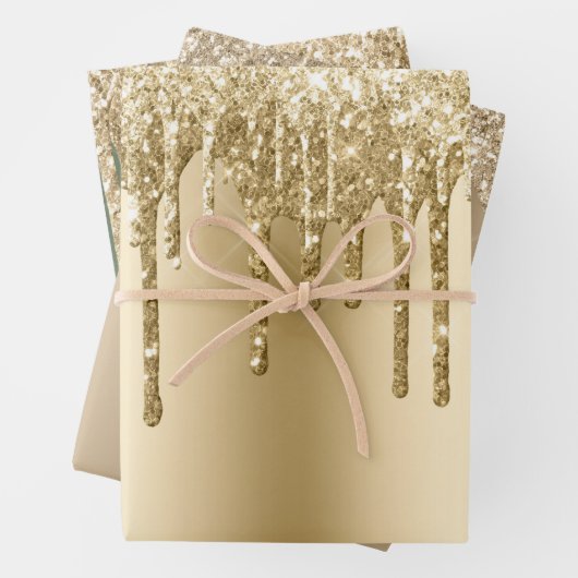 Glitzy Gold Sparkle Glitter Drips Verjaardag Inpakpapier Vel (In situ)
