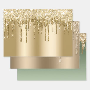 Glitzy Gold Sparkle Glitter Drips Verjaardag Inpakpapier Vel