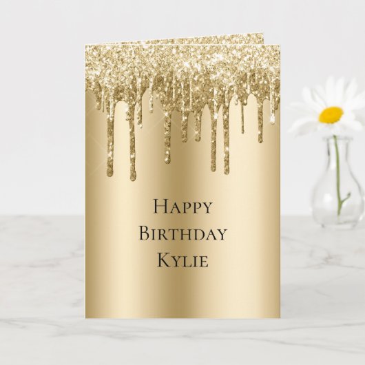Glitzy Gold Sparkle Glitter Drips Verjaardag Kaart (Kleine Plant)