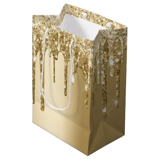 Glitzy Gold Sparkle Glitter Drips Verjaardag Medium Cadeauzakje (Voorkant Gekanteld)