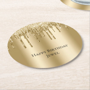 Glitzy Gold Sparkle Glitter Drips Verjaardag Ronde Kartonnen Onderzetter